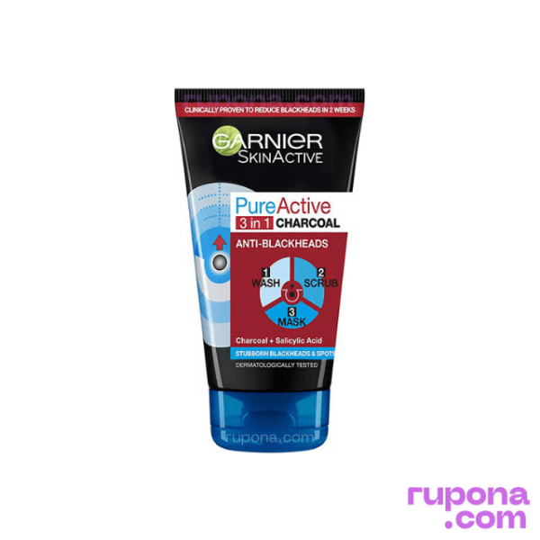Garnier Pure Active 3 in 1 Charcoal Anti Blackhead Wash Scrub & Mask 150ml price in BD.